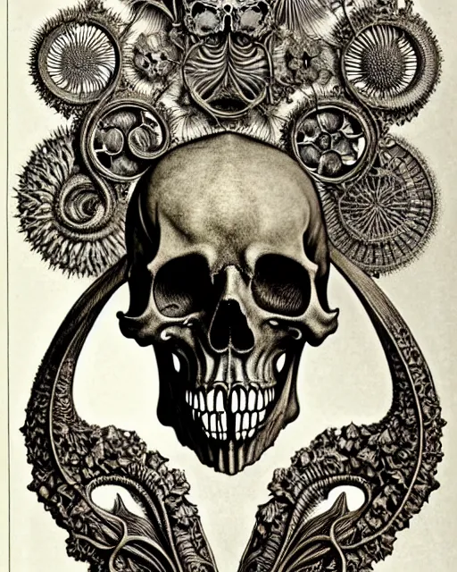 Image similar to memento mori by arthur rackham, art forms of nature by ernst haeckel, exquisitely detailed, art nouveau, gothic, ornately carved beautiful skull dominant, intricately carved antique bone, art nouveau botanicals, ornamental bone carvings, art forms of nature by ernst haeckel, horizontal symmetry, arthur rackham, ernst haeckel