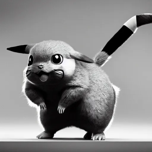 Prompt: hyper - realistic picture of pikachu, black and white, 4 k, cinematic, well - lit, very detailed