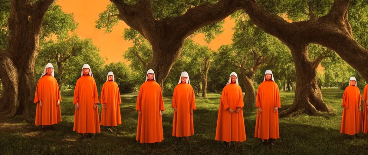 Image similar to hyperrealistic hyper detailed 35mm portrait of cyborg nuns tangled into a giant oak tree matte painting concept art key sage jeff koons very dramatic orange lighting low angle hd 8k sharp shallow depth of field