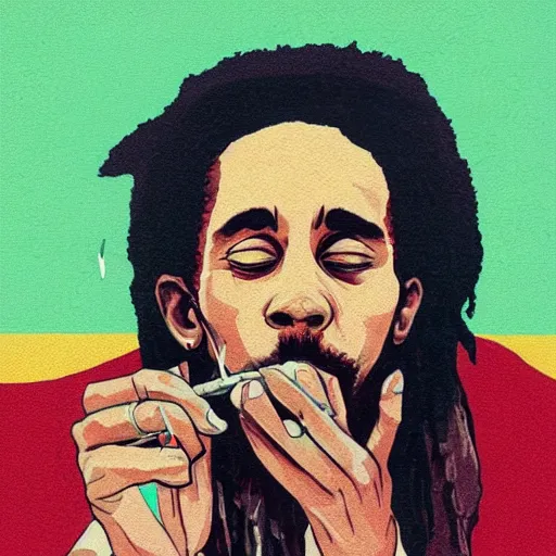 Prompt: Bob Marley smoking a spliff portrait, very detailed, large white border, hd, high resolution print :1 Green Red and Gold Tones by Sachin Teng, trending on deviant art :1