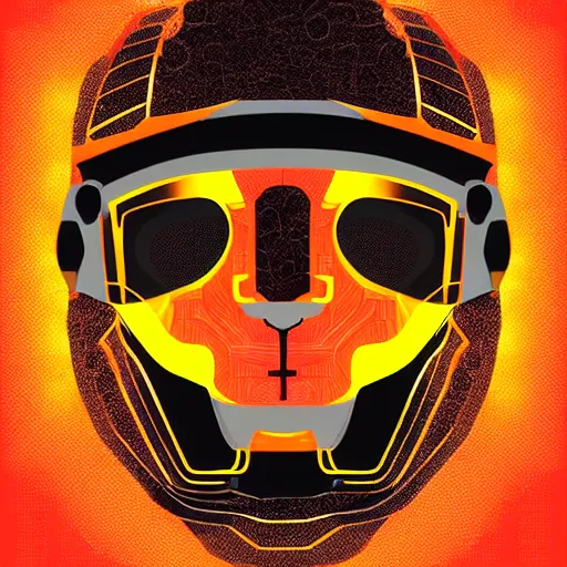 Image similar to helmet lion cyberpunk made of yellow lava and fire in angga tantama and wahyudi ramadhani style, profile portrait, robotic, digital illustration, vector art, drawing