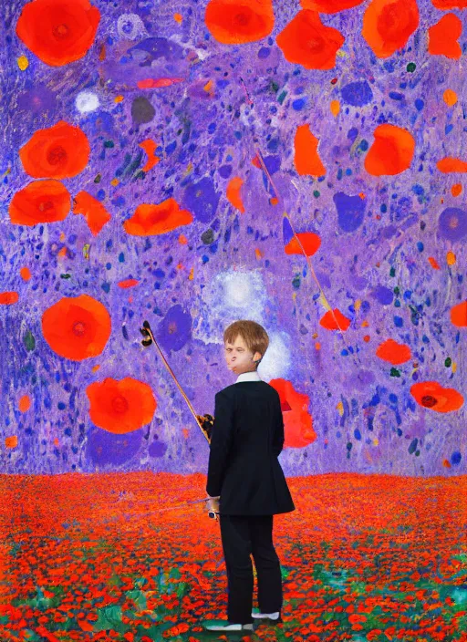 Prompt: portrait of a child violinist in suit standing in a landscape of poppies and purple stars in the sky, vincent lefevre and hernan bas and pat steir and hilma af klint, symmetrical face, psychological, photorealistic, dripping paint, washy brush, rendered in octane, altermodern, masterpiece