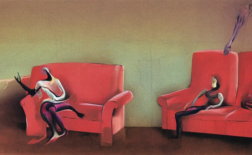 Prompt: people on sofa in empty room in the style of constructivism, blurred, grotesque, doomed, acrylic paint, high resolution, gouache on canvas, ultra detailed, vibrant colors, grotesque, wrapped thermal background, slimey, art by francis bacon, beksinski painting