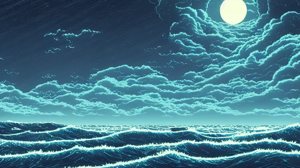 Prompt: highly detailed illustration of high exposure ocean waves at night by makoto shinkai, by nico delort, by dan mumford, by otomo, 4 k resolution