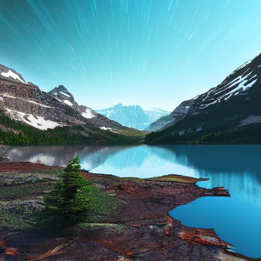 Image similar to beautiful alien lake, mountain, glacier national park, exotic, colorful, 8 k render, octane render