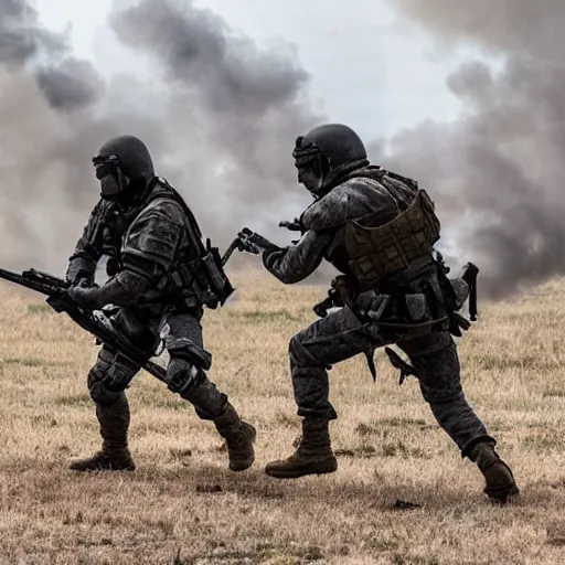 Prompt: modern mercenaries wearing grey body armor smoking shooting at hostiles in the midst of a bloody battle, photo by Adam Ferguson in 2022, Pulitzer Winning, cinematic composition, breathtaking, modern, 2022