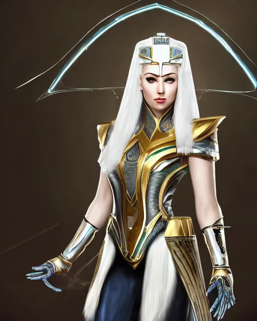 Image similar to perfect white haired attractive egyptian goddess, warframe armor, pharaoh headdress, beautiful, symmetric, dreamy, half asian, pretty face, green eyes, charlize theron, detailed, scifi platform, laboratory, experiment, 4 k, ultra realistic, epic lighting, android body, illuminated, cinematic, masterpiece, art by akihito tsukushi, voidstar