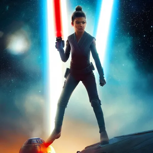 Prompt: First image from Star Wars Skywalker starring Zendaya (2035), 8k, HDR