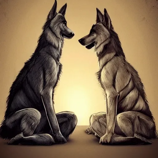 Image similar to two humanoid german shepherds beast - men, sitting on a couch and hugging together, artstation, concept art, smooth, sharp foccus ilustration, artstation