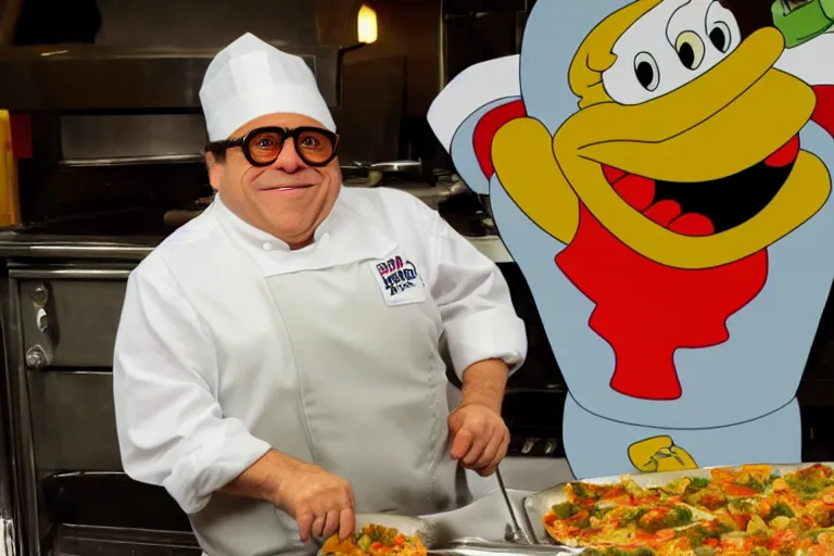 Image similar to Danny Devito as a fry cook at the Krusty Krab