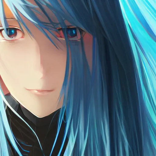 Image similar to full shot of rimuru tempest, sky blue straight hair, long bangs, with amber eyes, wearing a fancy black jacket, high collar, ultra detailed, brush strokes, digital painting, cinematic, wlop artstation, closeup, pixiv, intense, intimidating glare, photorealistic, overpowering, makoto shinkai, rossdraws, andy warhol,