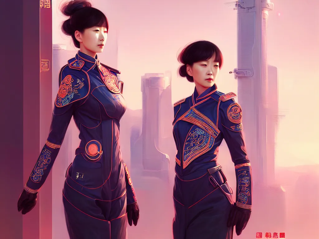 Prompt: portrait futuristic china police uniform female, at future neon light rooftop, ssci - fi and fantasy, intricate and very very beautiful and elegant, highly detailed, digital painting, artstation, concept art, smooth and sharp focus, illustration, art by tan zi and ayanamikodon and alphonse mucha and wlop