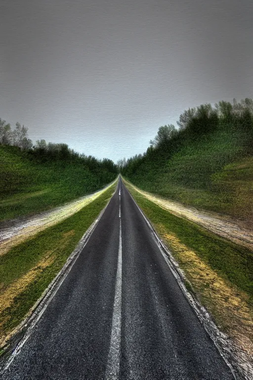 Image similar to walking down a single lane highway in a dream, tonemapped, photorealistic