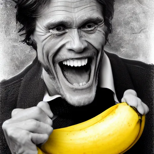 Prompt: willem dafoe laughing holding a banana, digital art