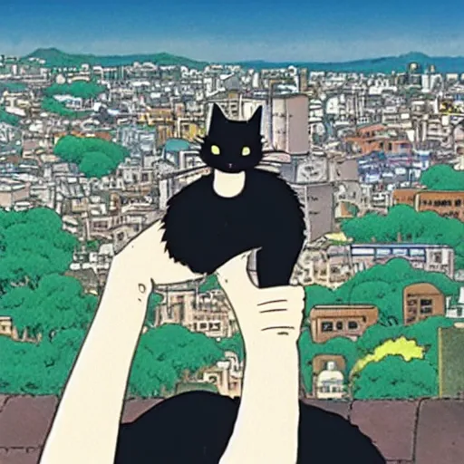 Prompt: a black cat fursona looking out over a city, Miyazaki, studio ghibli