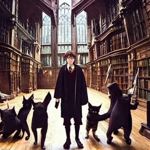 Image similar to a scene from harry potter, but everyone is a cat