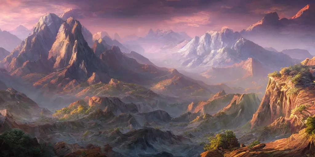 Image similar to beautiful matte painting of large mountains and canyons, fantasy