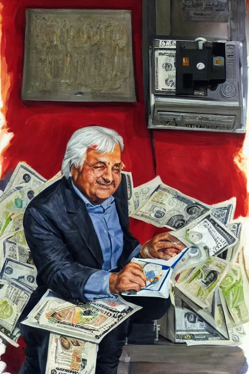 Prompt: Painting of Hasso Plattner burning bank notes