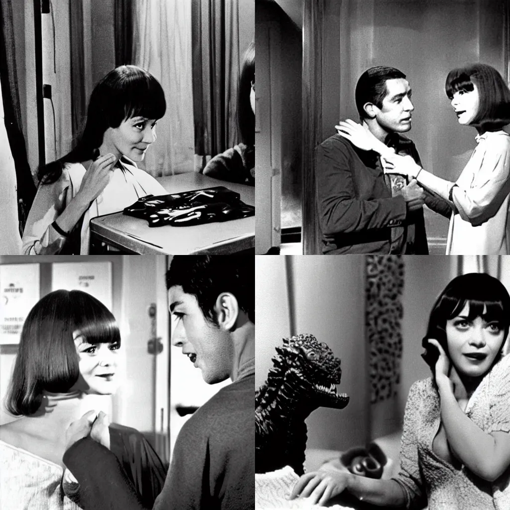 Prompt: godzilla is in a french bedroom with anna karina. gozilla is a big monster with scales. godzilla talks to anna karina. anna karina wears a nightgown