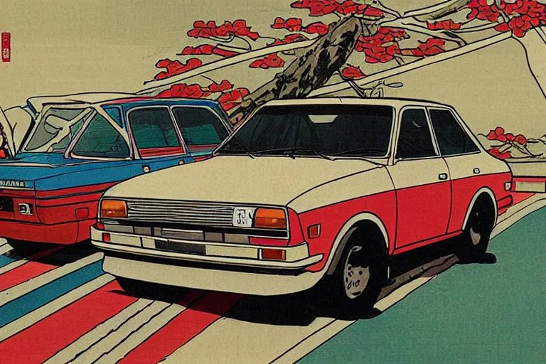 Image similar to ukiyo - e painting of a datsun 5 1 0