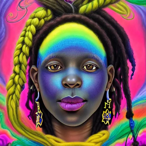 Image similar to a wide angle shot of a black girl with colorful dreadlocks in a field of candy, by Adi granov and afarin sajedi and amanda sage and evgeni gordiets and Agostino Arrivabene and adonna khare in a psychedelic portrait style, ultrarealistic matte painting, volumetric lighting, fractal, extremely symmetrical, highly detailed face, orisha, 8k, hd