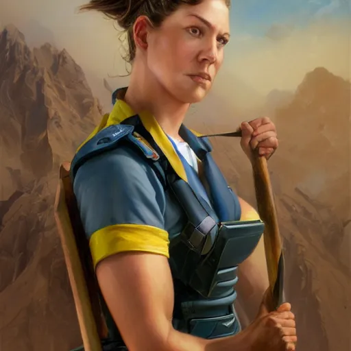 Prompt: epic portrait a slightly muscular woman wearing short sleeved uniform and carrying a sledgehammer, detailed, centered, digital painting, artstation, concept art, donato giancola, Joseph Christian Leyendecker, WLOP, Boris Vallejo, Breathtaking, 8k resolution, extremely detailed, beautiful, establishing shot, artistic, hyperrealistic, beautiful face, octane render