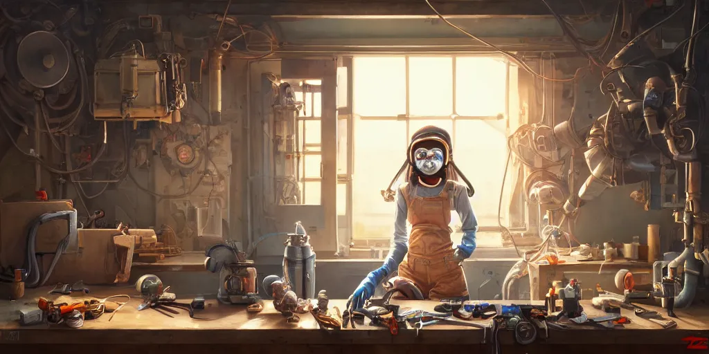 Image similar to highly detailed portrait painting of welder girl perfect symmetrical face, room mono window, workbench mess, by eddie mendoza and tyler edlin, 8 k resolution