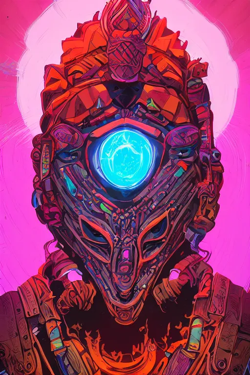 Image similar to viktor orban totem animal tribal chaman vodoo mask feather gemstone plant wood rock video game illustration vivid color borderlands by josan gonzales and dan mumford radiating a glowing aura