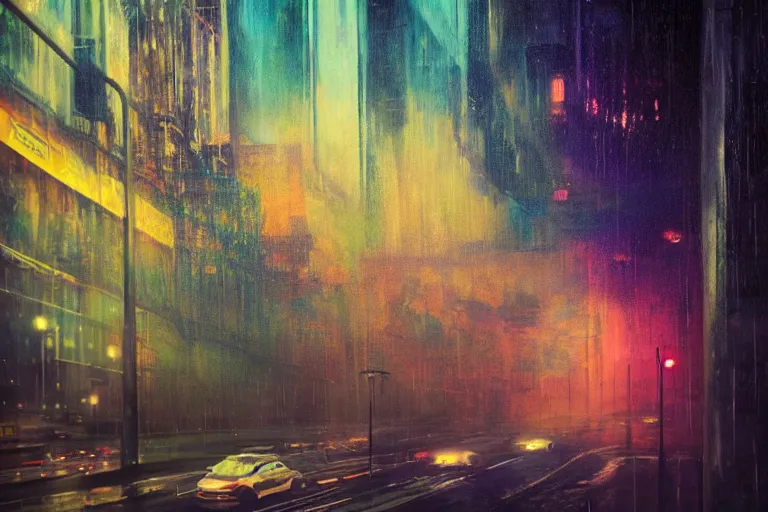 Image similar to city slow exposure, rain like a dream, oil painting, cinematic, surreal, dramatic, otherworldly, dreamlike, soft volumetric lighting, cyberpunk, basquiat + moebius + francis bacon + gustav klimt + beeple, elevated street art, fantasy lut, textural,