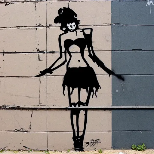 Image similar to rough rugged simple yet detailed graffiti of a seductive pinup girl on a black wall designed by bansky
