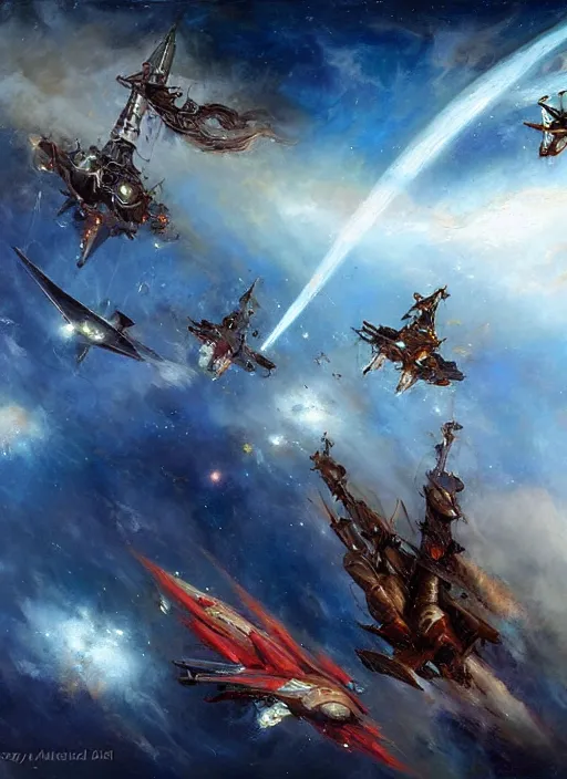 Prompt: air pirate ships 1 7 0 0's soaring in a cosmic spender painted by raymond swanland