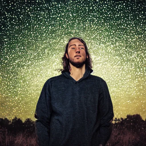 Image similar to man portrait surrounded by fireflies, 8 k photography