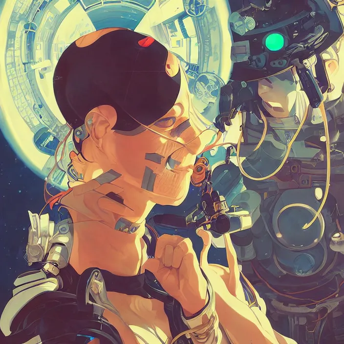 Image similar to anime portrait space pirate captain, futuristic science fiction, mucha, hard shadows and strong rim light, art by jc leyendecker and atey ghailan and sachin teng