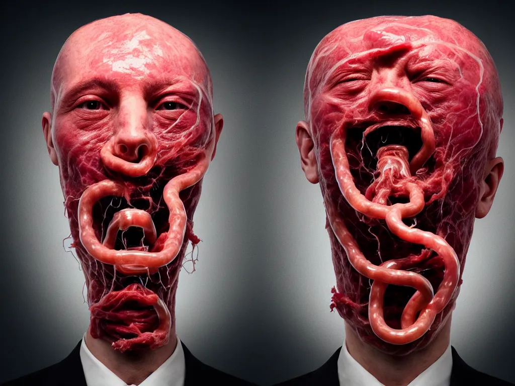 Prompt: a perfect colour horrifying portrait photograph of a man with 7 3 eyes. tubes emerging from his nostrils and mouth. head expanded to a perfect cube, covered in translucent beef. perfect focus, studio lighting, gallery setting. inspired by chinese nuclear weapon launching