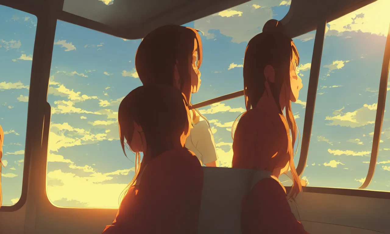 Prompt: Girl sitting in a window seat in a bus at sunset, cinematic lighting, style by Makoto Shinkai