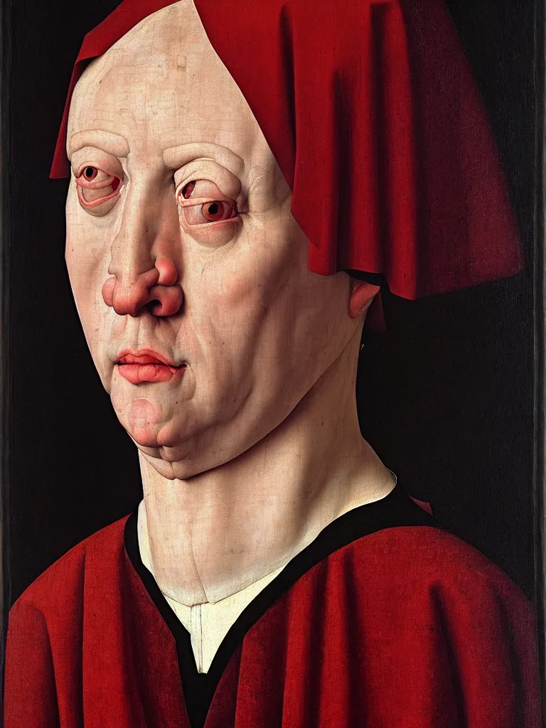 Prompt: a portrait a very unordinary person, by Rogier van der Weyden, not facing front, oil painting, anatomically incorrect, hideous imperfect face, sharp focus, Highly Detailed, Cinematic Lighting, 8k, HD