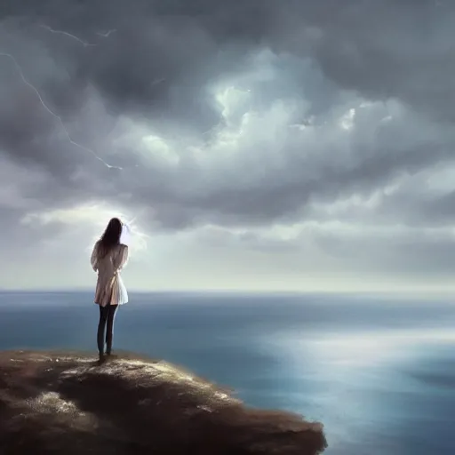 Prompt: A painting of a girl standing on a mountain looking out an approaching storm over the ocean, smooth, dramatic lighting, wind blowing, ocean mist, lightning, artstation