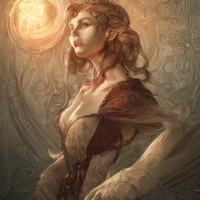 Image similar to the portrait of the lawful evil sorceress lawyer as an absurdly beautiful, graceful, elegant, sophisticated, woman, an ultrafine hyperdetailed illustration by kim jung gi, irakli nadar, intricate linework, bright colors, octopath traveler, final fantasy, unreal engine 5 highly rendered, global illumination, radiant light, detailed and intricate environment