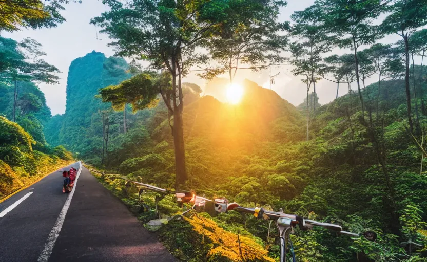 Image similar to Taiwan mountainous forests on the moon street photo, Khrushchyovkas, sunrise, flying scooters, long shadows, photorealistic, stunning, magnum photos 4k