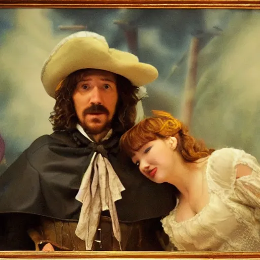 Image similar to Cyrano de Bergerac and Roxanne (Haley Bennet), are looking a teach other hand romantically. dramatic, high contrast, romantic, theatrical, lumnious, cinematic lights, oil canvas by Csók István, Munkácsi and Hollósy Simon