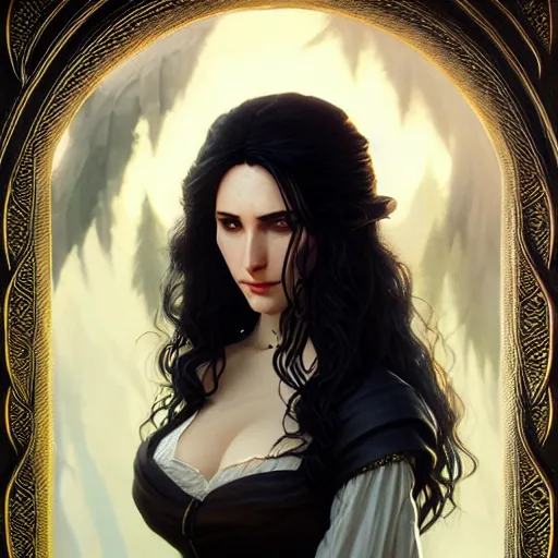 Image similar to portrait of Yennefer from the Witcher, D&D, fantasy, intricate, elegant, highly detailed, digital painting, artstation, concept art, matte, sharp focus, illustration, art by Artgerm and Greg Rutkowski and Alphonse Mucha