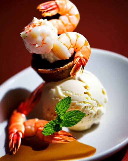 Image similar to dslr food photograph of an ice cream desert with a shrimp on. 8 5 mm f 1. 4