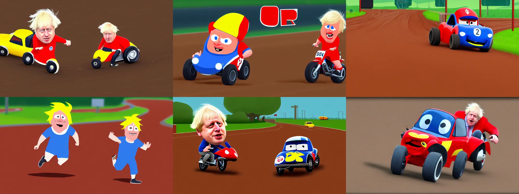 Prompt: Boris Johnson as a character in double dash, red shell. Dirt track, rainy day. Game render
