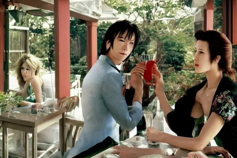 Prompt: makoto kusanagi and aerith gainsbourgh share drinks on the veranda, photographed by annie liebovitz