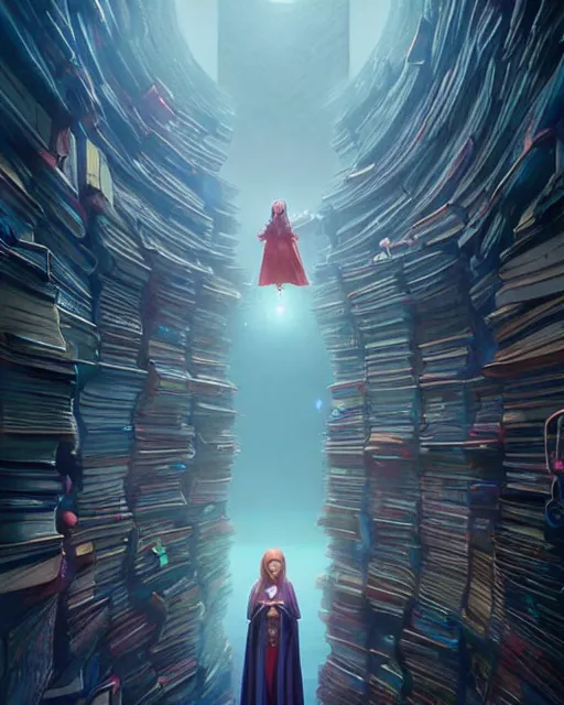 Image similar to highly detailed surreal vfx portrait of a female mage with a blue cape in a labyrinth of books, stephen bliss, unreal engine, greg rutkowski, loish, rhads, beeple, makoto shinkai and lois van baarle, ilya kuvshinov, rossdraws, tom bagshaw, alphonse mucha, global illumination, detailed and intricate environment