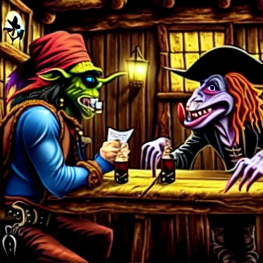 Image similar to a goblin with a large nose and a pirate with a bandana negotiating a contract with Jared Leto in a Western saloon.