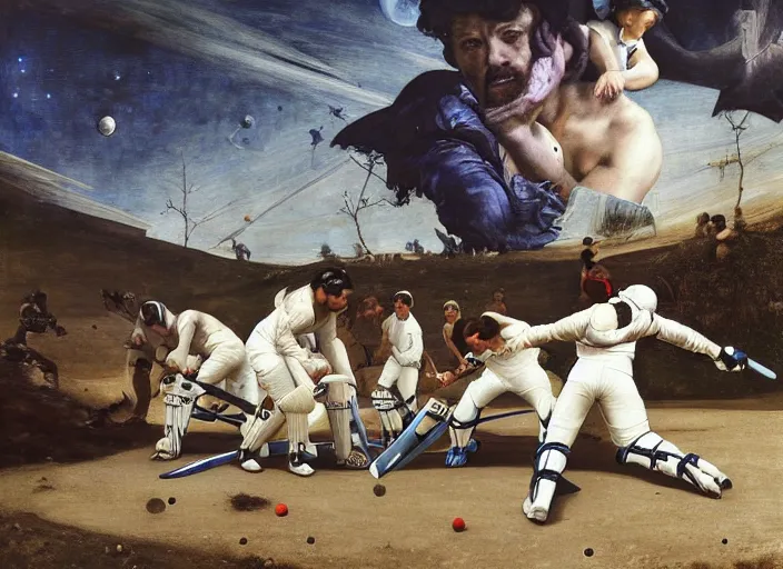 Image similar to a cricket match on the moon by edgar maxence and caravaggio and michael whelan and delacroix style, artistic, intricate painting, cinematic lighting, hyper realistic, extremely detailed, establishing shot, 8 k resolution, dramatic lighting