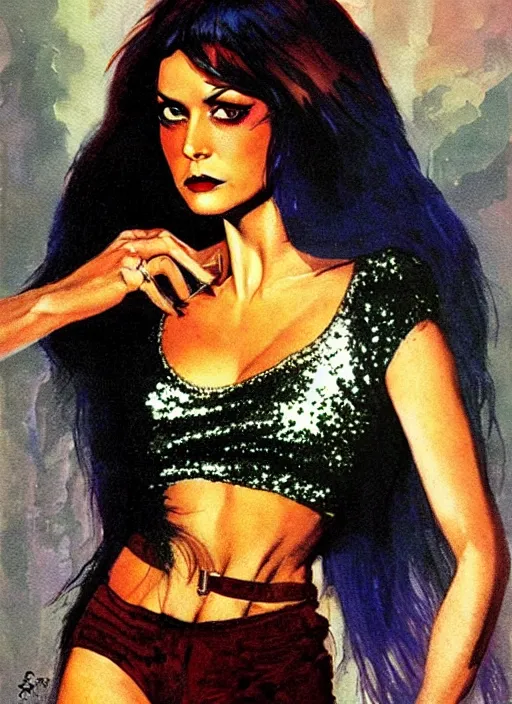 Image similar to seventies slim young horror actress, sequin top, dark forest, strong line, deep color, beautiful! coherent! by brom, by frank frazetta,