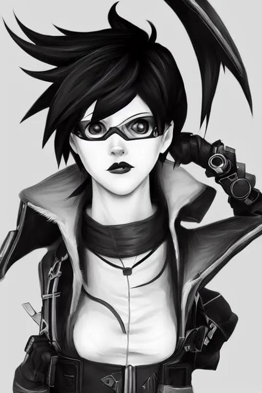 Prompt: digital drawing of tracer from overwatch in a goth style, wearing black lipstick and black eyeliner, 4 k, artstation, beautiful artwork, volumetric lighting, extremely detailed, neutral expression, focus on face, fog,