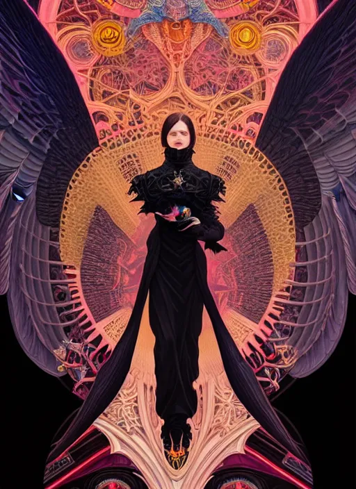 Image similar to high quality high detail portrait of a demonic angel with dark wings in black cathedral, tristan eaton, victo ngai, artgerm, rhads, ross draws, hyperrealism, intricate detailed, alphonse mucha, 8 k, sci - fi, pastel colors, artstation,